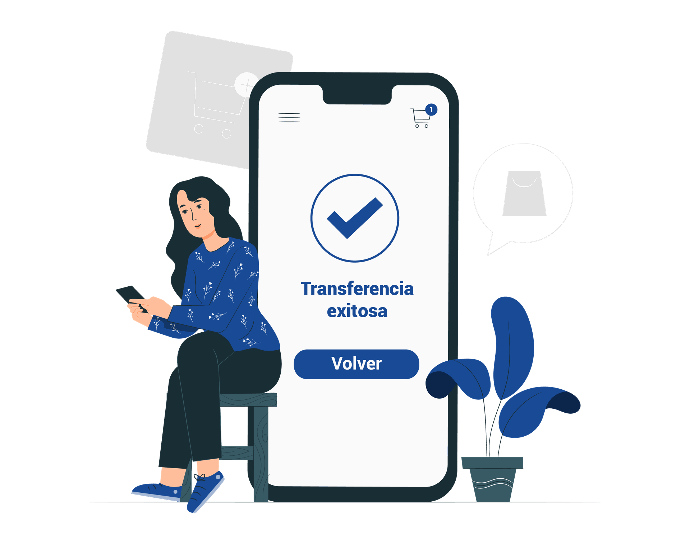 Paga tu cuenta en línea Ilustración de mujer sentada transfiriendo dinero desde su celular