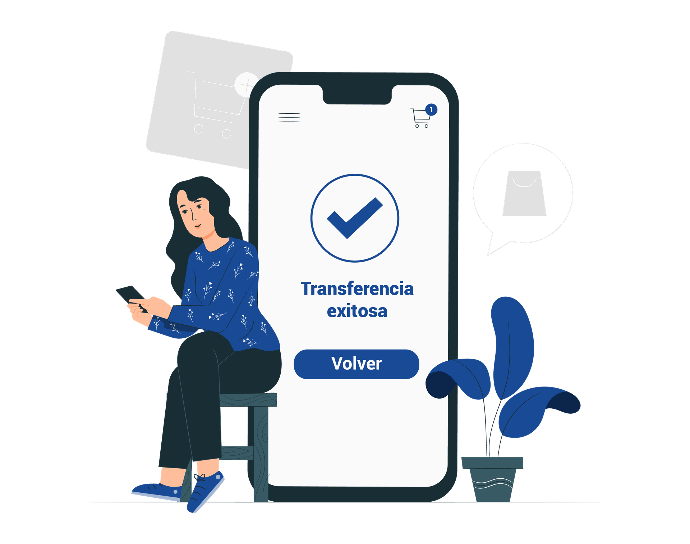 Ilustración de mujer sentada transfiriendo dinero desde su celular