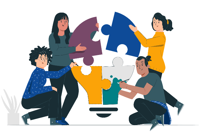 Partner oficial de Odoo Ilustración de equipo de trabajo formando una ampolleta como rompecabezas